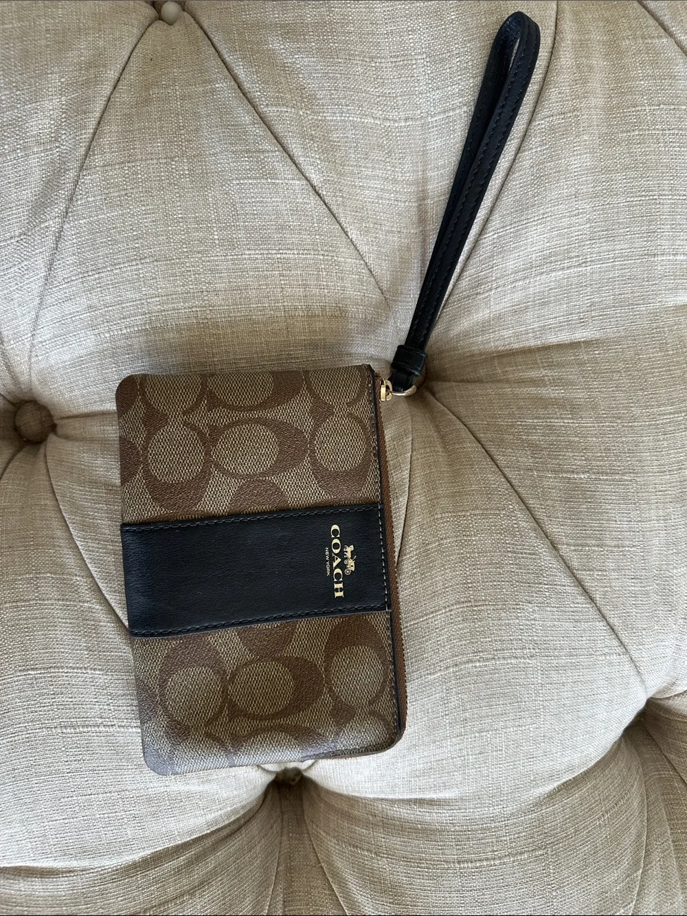Coach Brown Signature Canvas Wristlet with Black Leather Accent